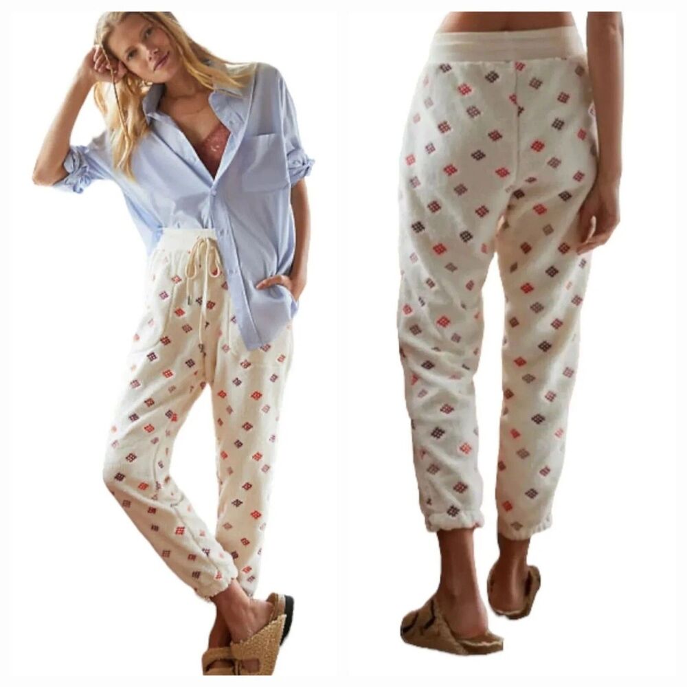 Anthropologie Daily Practice Womens M Sherpa Jogger Pants Lounge embroidered‎